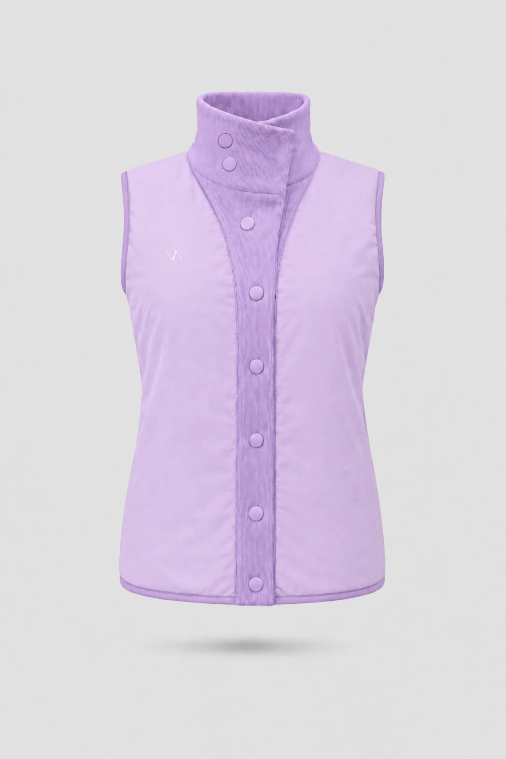 Women's reversible puffer vest in lavender with smooth reverse finish, rib-knit collar, and lightweight layering design
