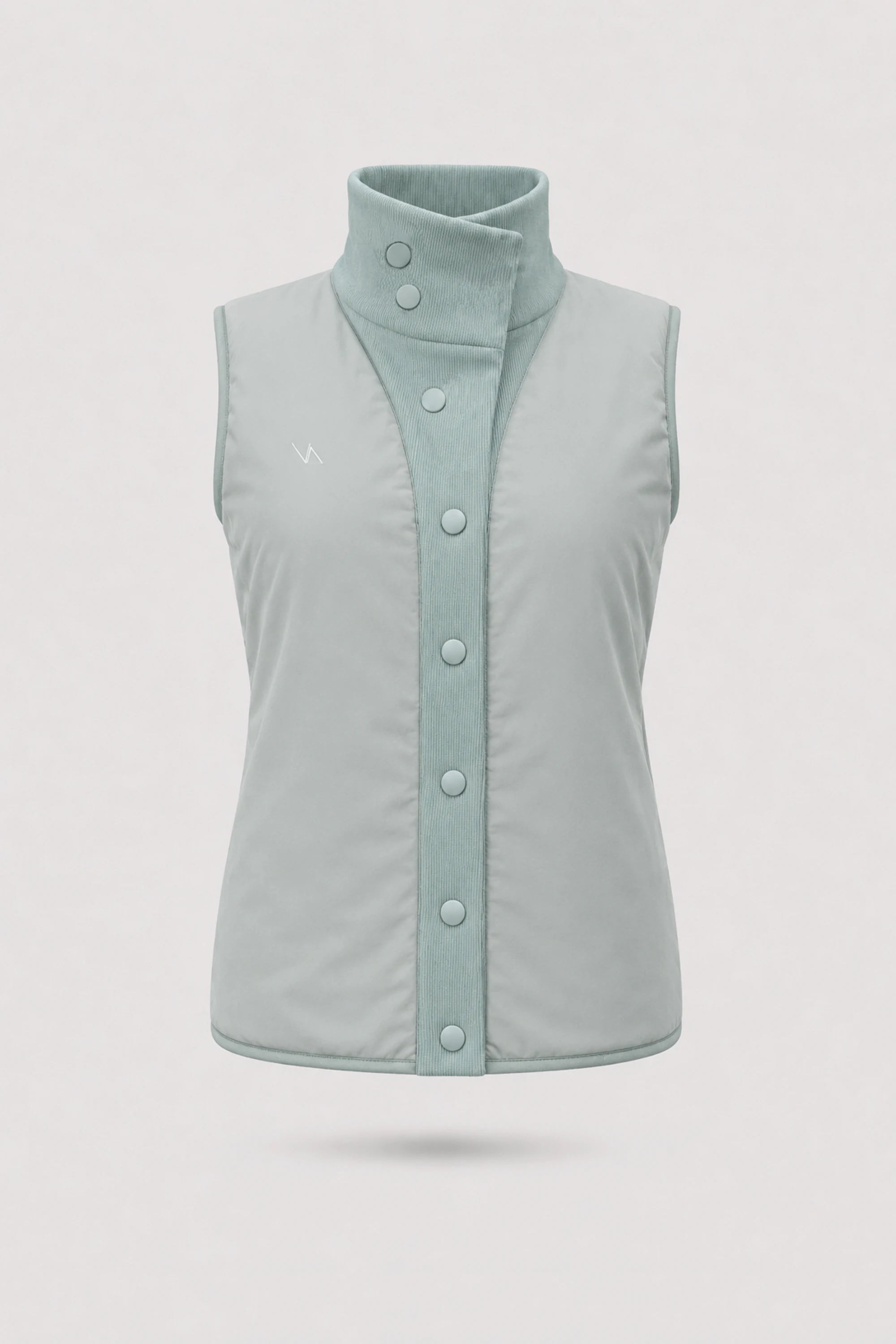Women's reversible puffer vest in Sage Grey with smooth reverse finish, rib-knit collar, and lightweight layering design