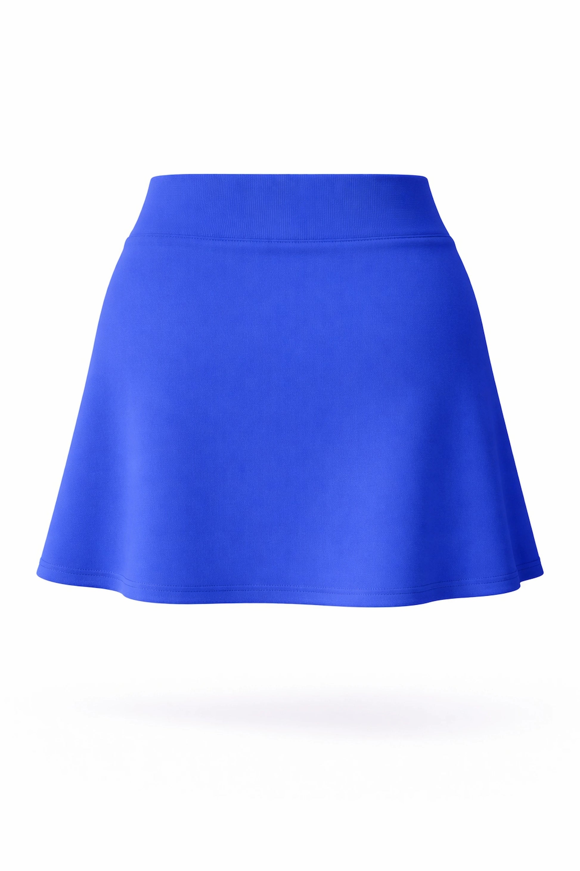 Back view of women’s royal blue A-line UPF 50+ golf skort with smooth waistband