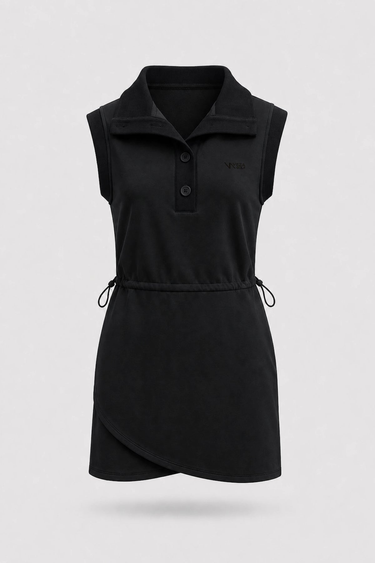 Front view of women's black sleeveless golf dress with folded collar, adjustable drawcord waist and asymmetric wrap hem