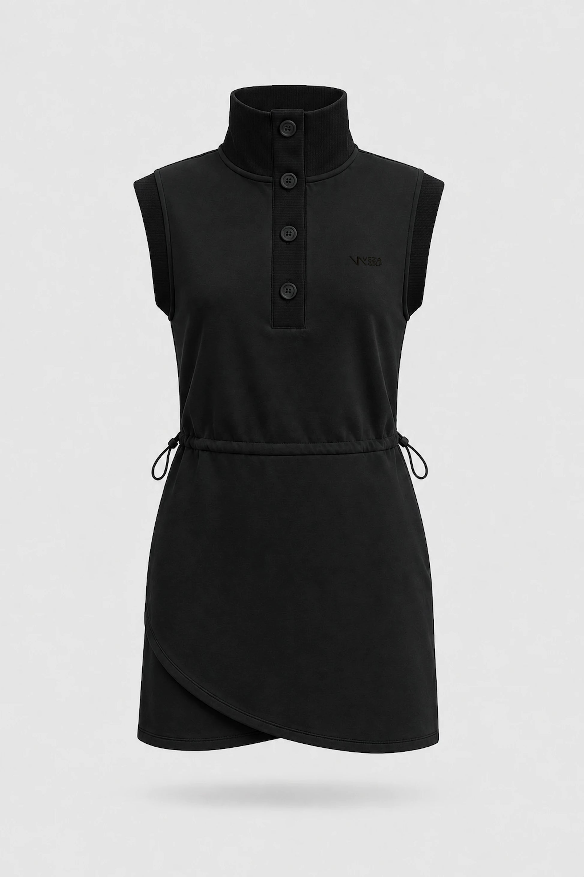 Front view of women's black sleeveless golf dress with buttoned stand collar, drawcord waist and asymmetric wrap hem