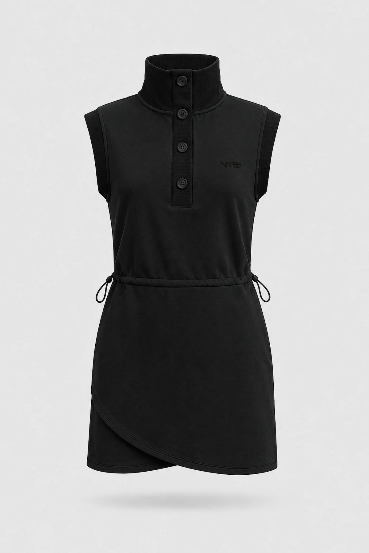 Front view of women's black sleeveless golf dress with buttoned stand collar, drawcord waist and asymmetric wrap hem