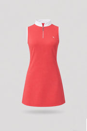 Women's coral red sleeveless golf dress with zip neck collar and streamlined athletic silhouette