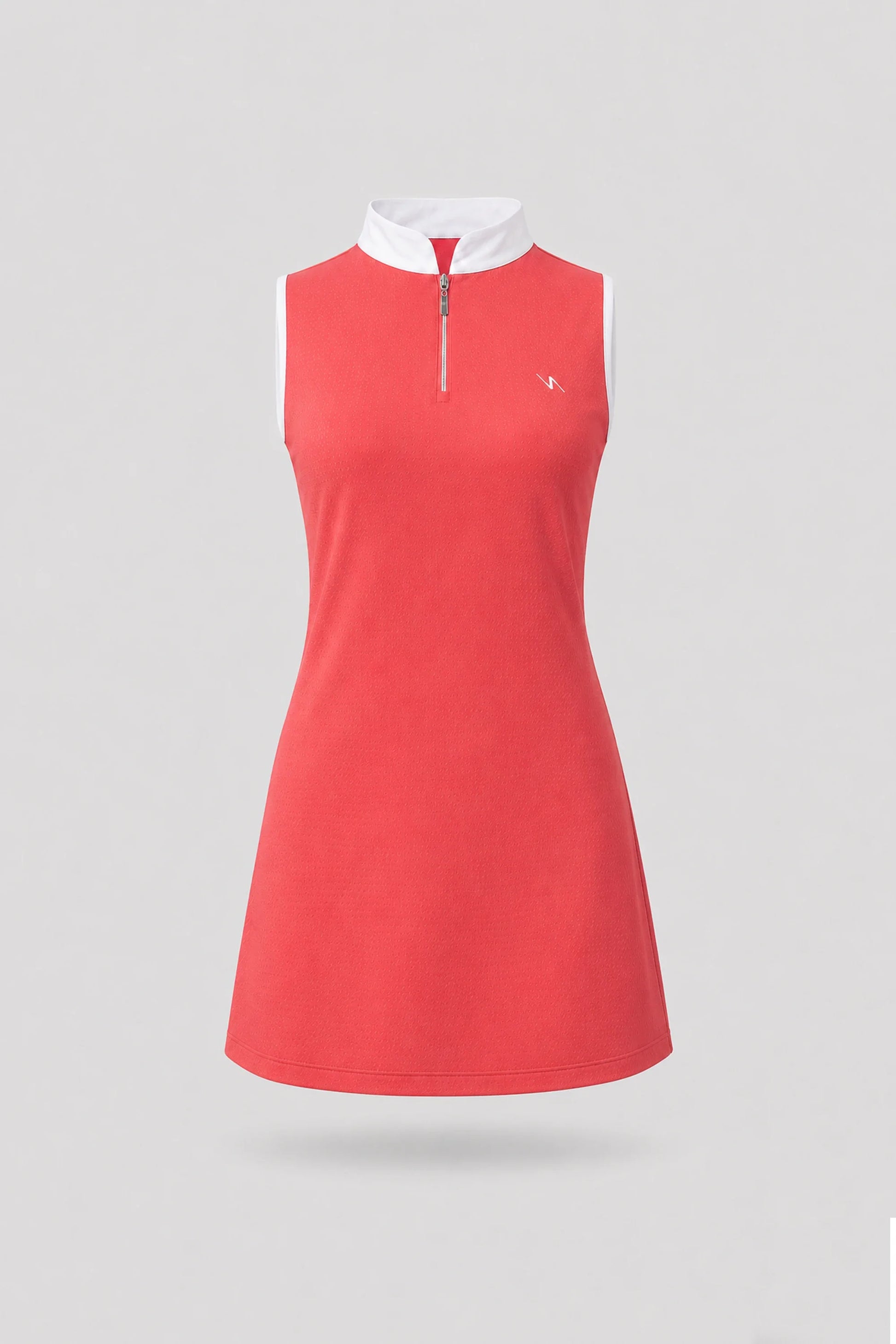 Women's coral red sleeveless golf dress with zip neck collar and streamlined athletic silhouette