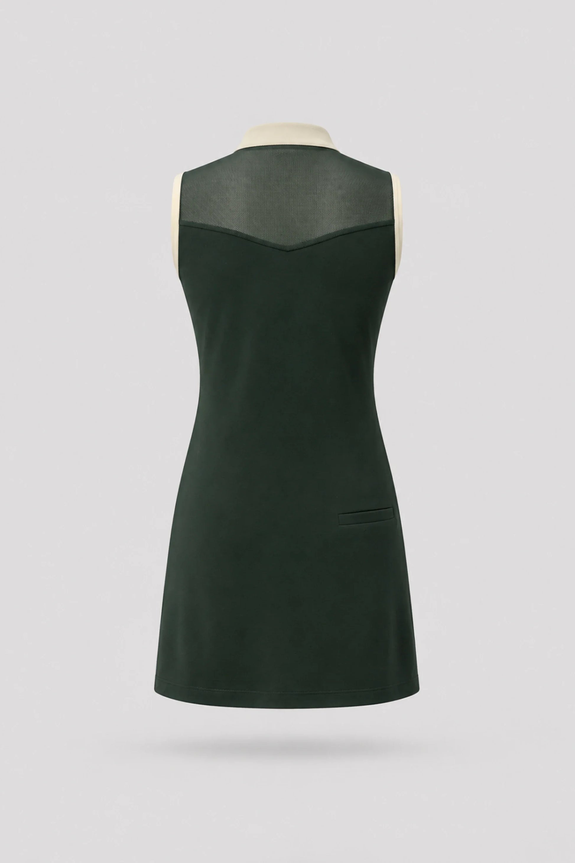 Back view of women's Evergreen sleeveless golf dress with lightweight stretch performance fabric and athletic silhouette