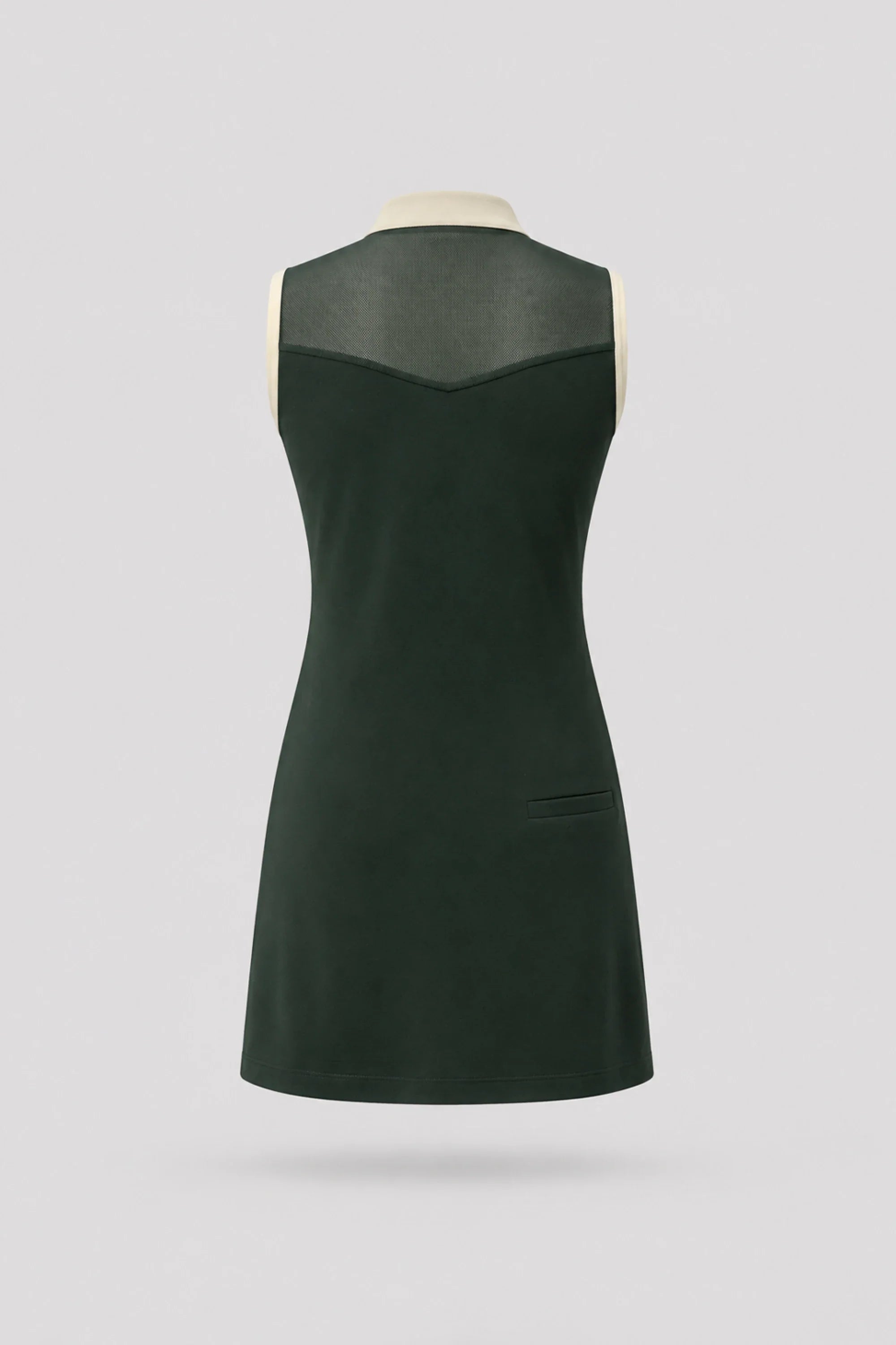 Back view of women's Evergreen sleeveless golf dress with lightweight stretch performance fabric and athletic silhouette