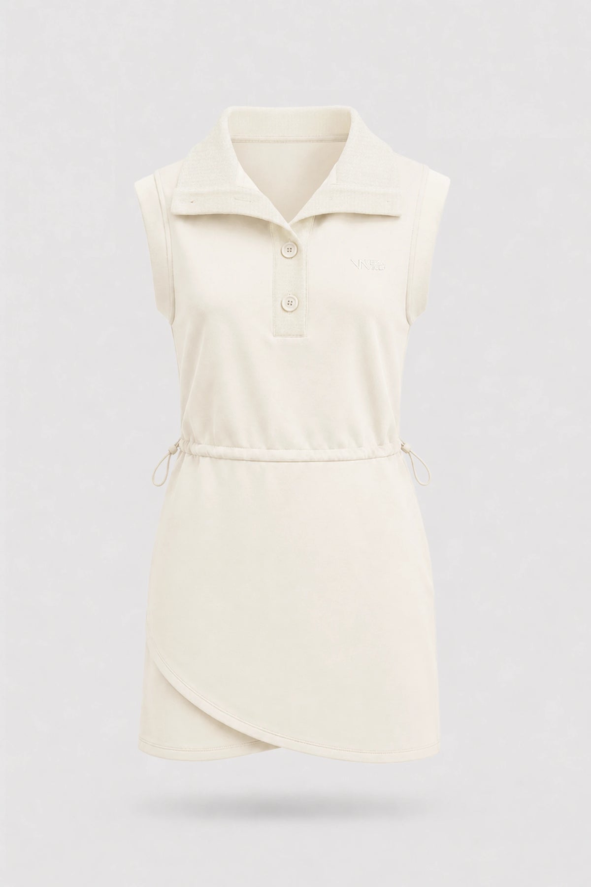 Front view of women's ivory sleeveless golf dress with folded collar, adjustable drawcord waist and asymmetric wrap hem