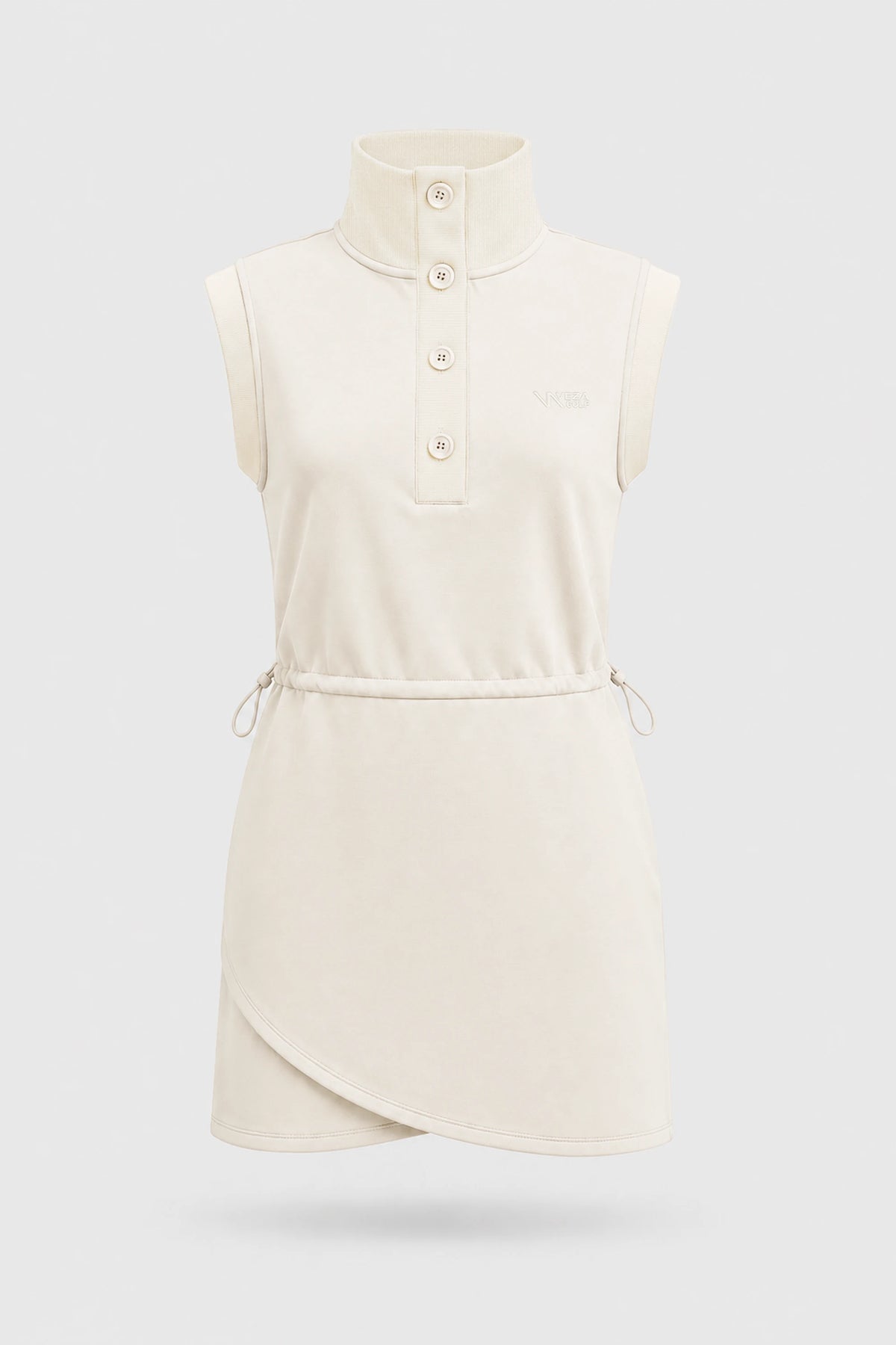 Front view of women's ivory sleeveless golf dress with buttoned stand collar, drawcord waist and asymmetric wrap hem