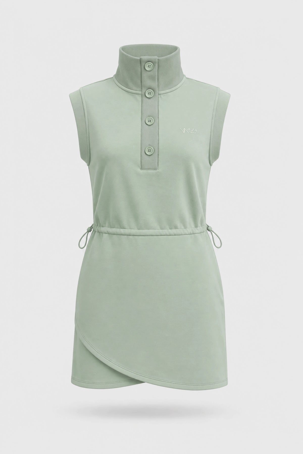 Front view of women's sage green sleeveless golf dress with buttoned stand collar, drawcord waist and asymmetric wrap hem