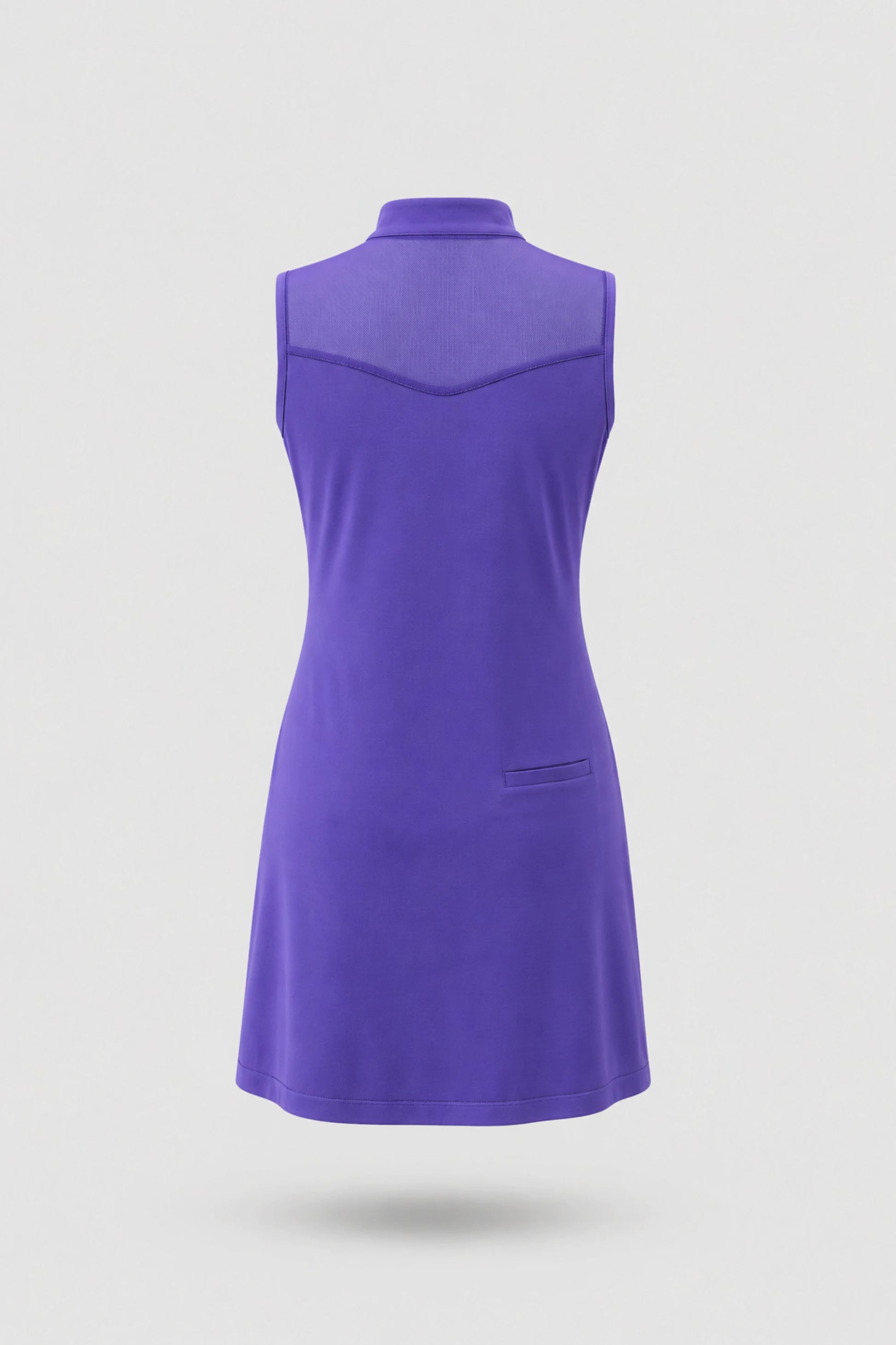 Back view of women's violet sleeveless golf dress with stretch performance fabric and streamlined fit