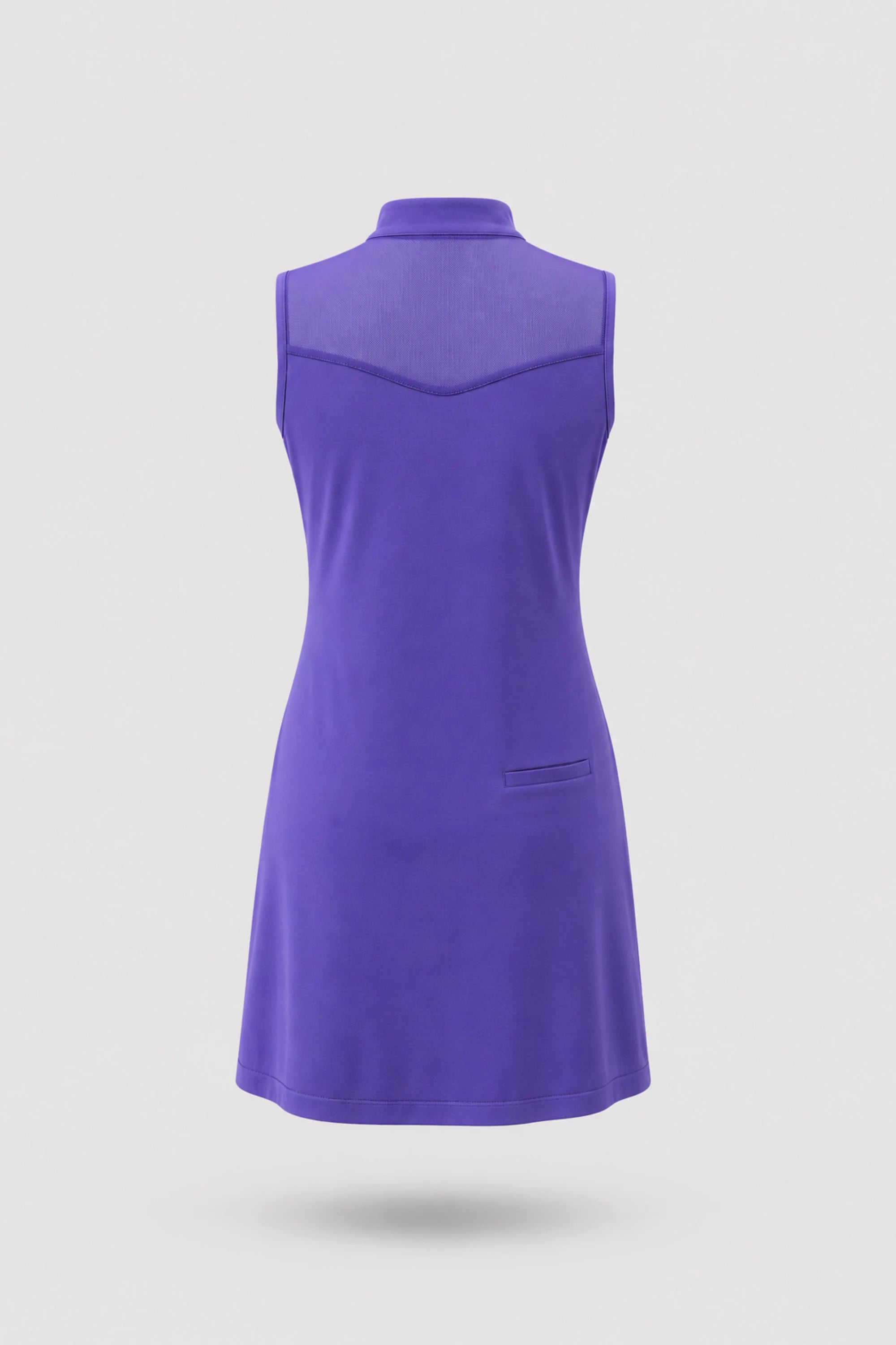 Back view of women's violet sleeveless golf dress with stretch performance fabric and streamlined fit