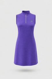 Women's violet sleeveless golf dress with clean athletic silhouette and minimalist design