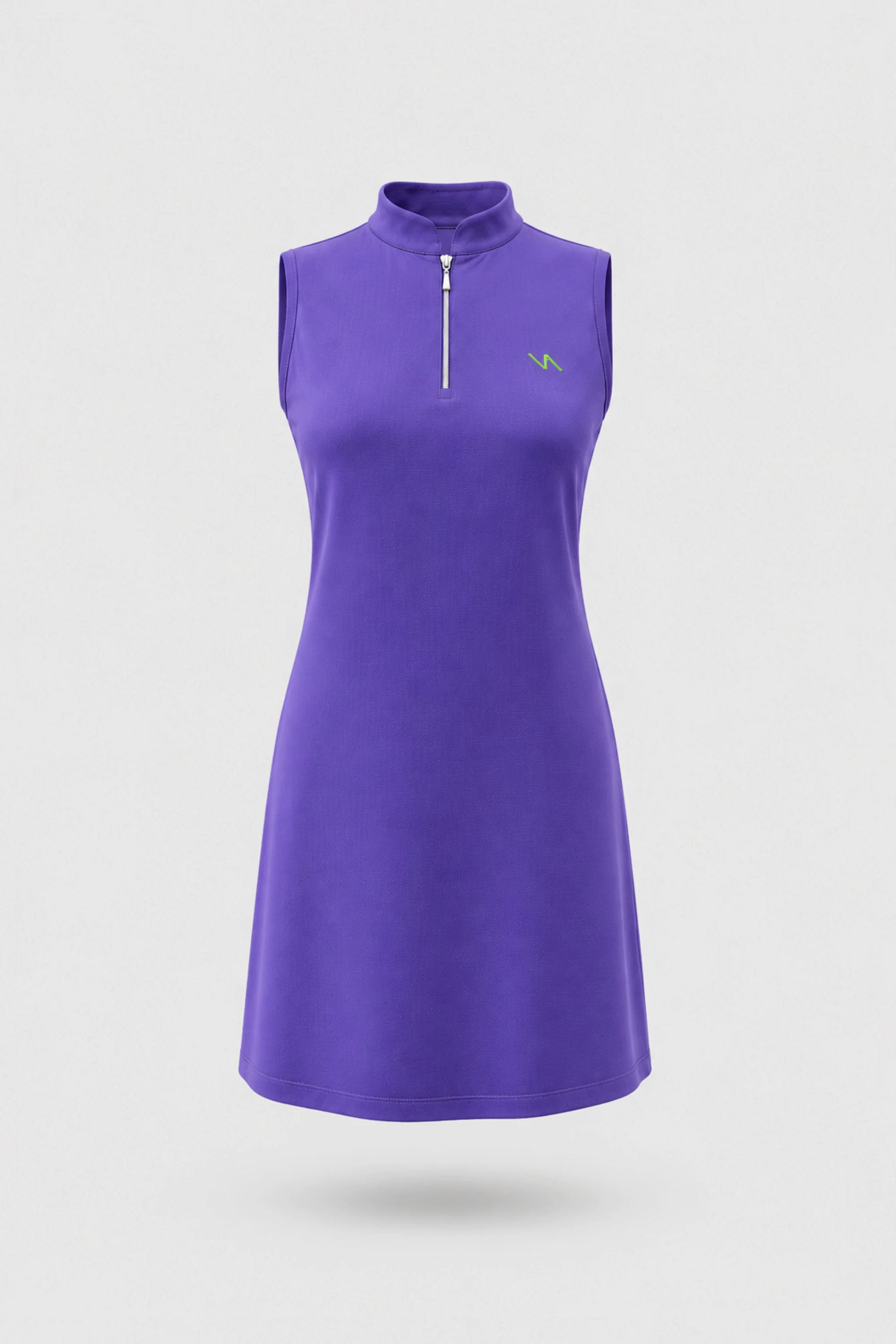 Women's violet sleeveless golf dress with clean athletic silhouette and minimalist design