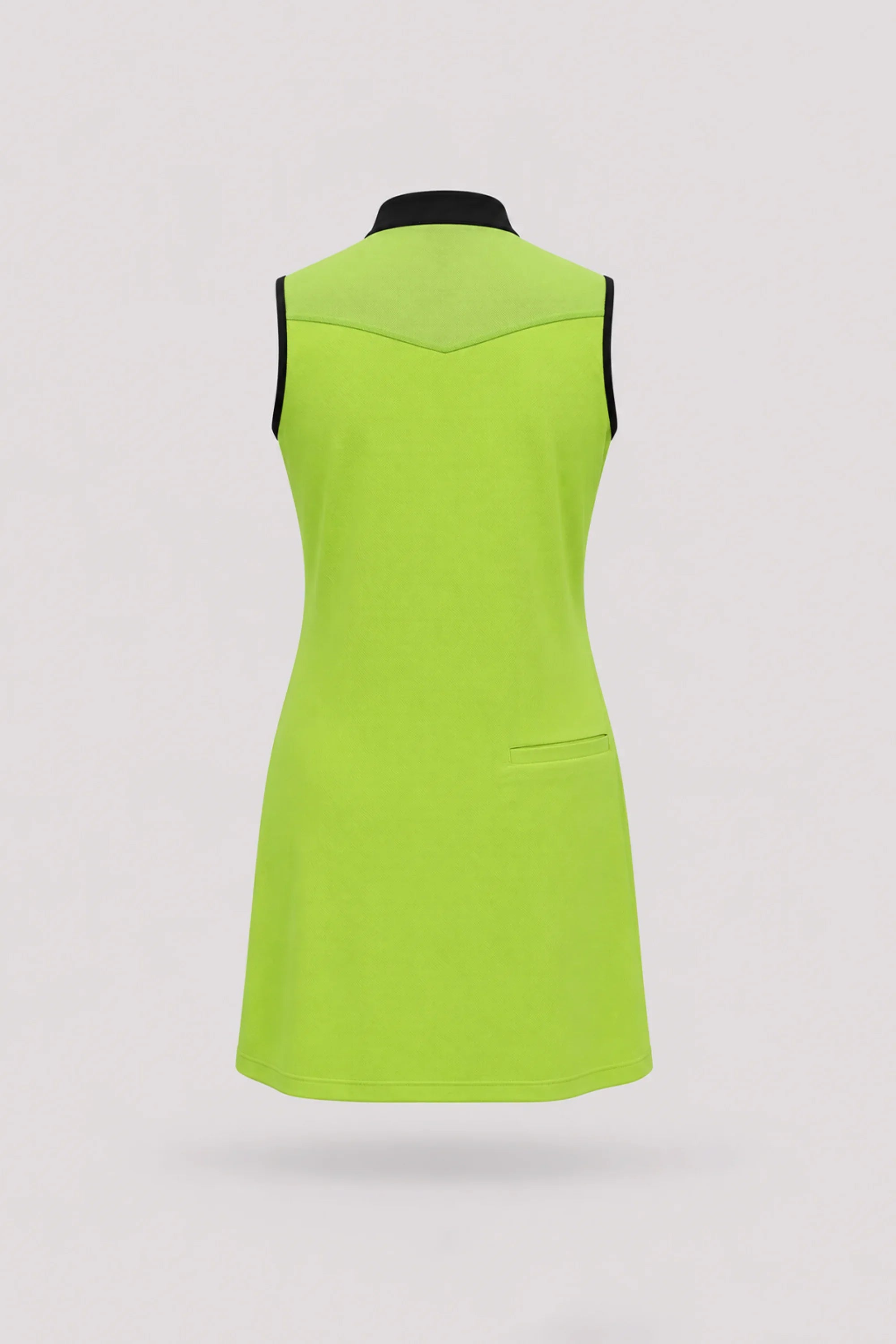 Back view of women's Volt Green sleeveless golf dress with lightweight stretch performance fabric and athletic silhouette