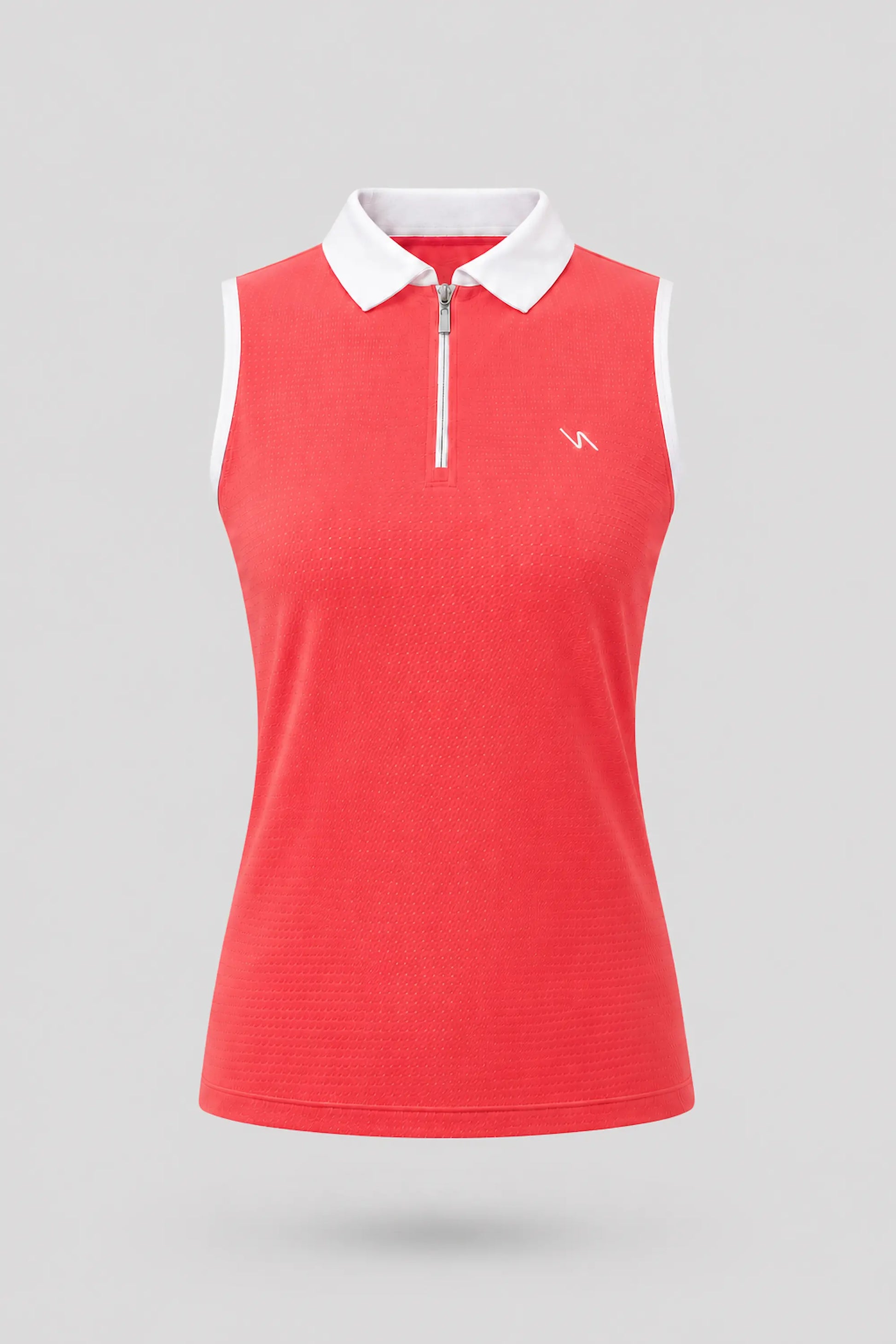 Women's coral red sleeveless golf polo with zip neck design and lightweight stretch performance fabric