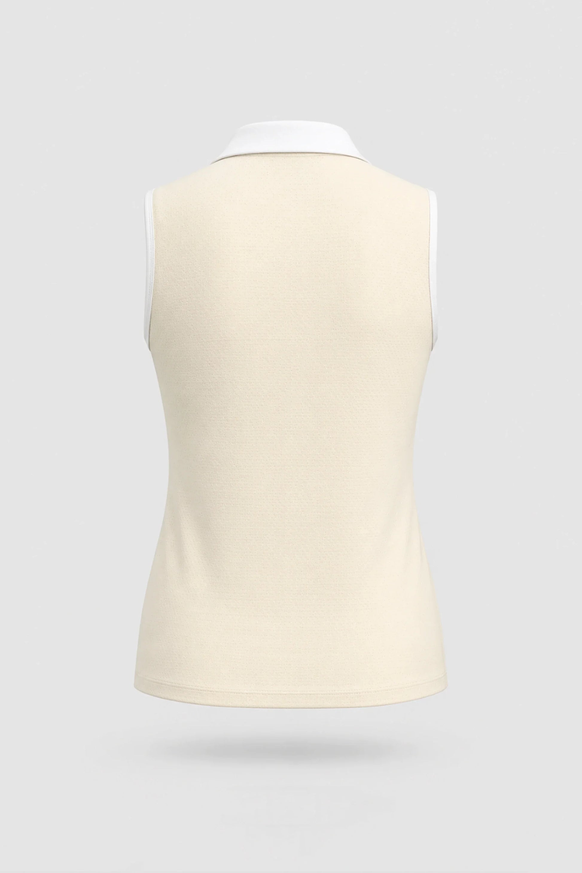 Back view of women's Cream sleeveless golf polo with athletic silhouette and stretch performance fabric