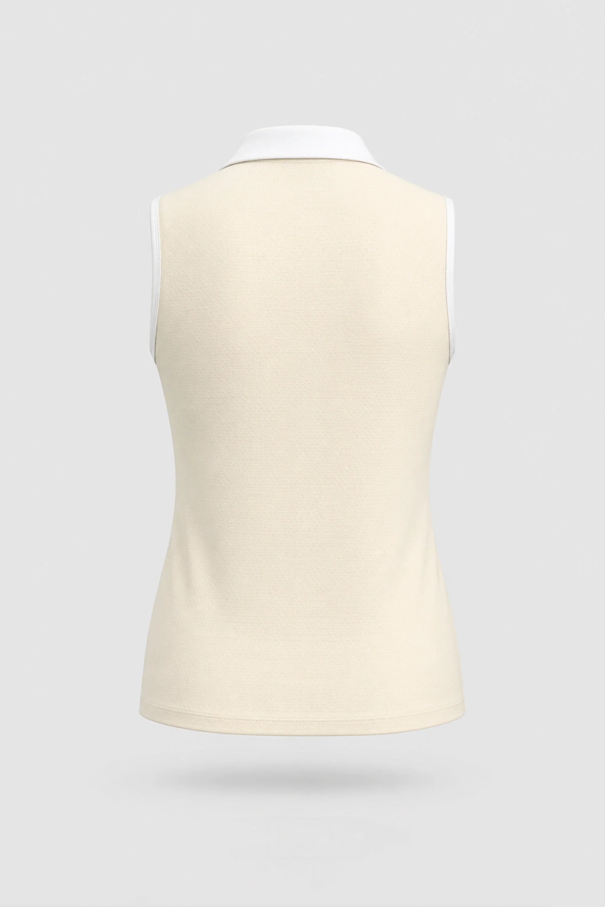 Back view of women's Cream sleeveless golf polo with athletic silhouette and stretch performance fabric