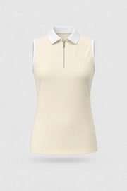 Women's Cream sleeveless golf polo with zip-neck collar and lightweight stretch performance fabric