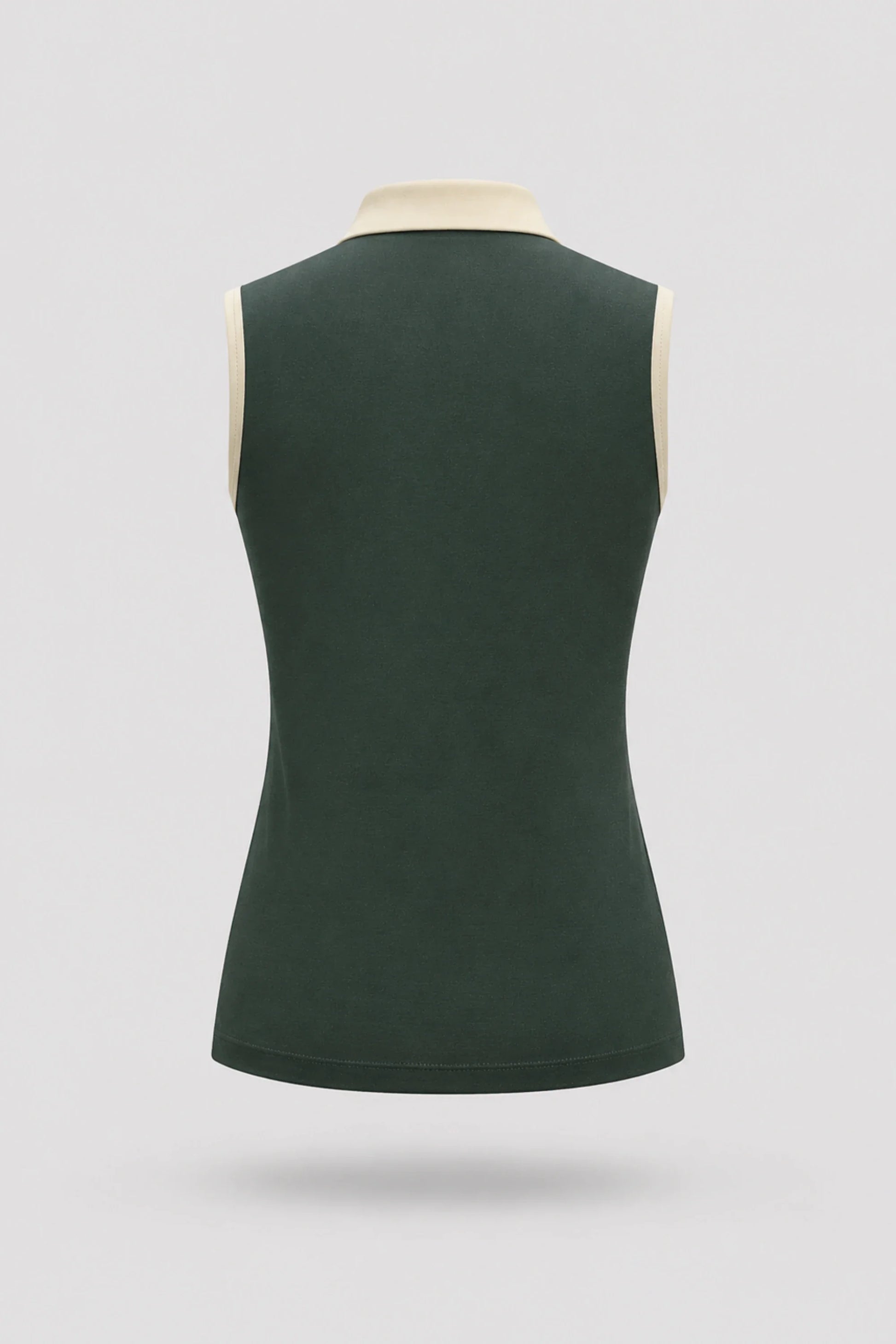 Back view of women's Evergreen sleeveless golf polo with athletic silhouette and stretch performance fabric