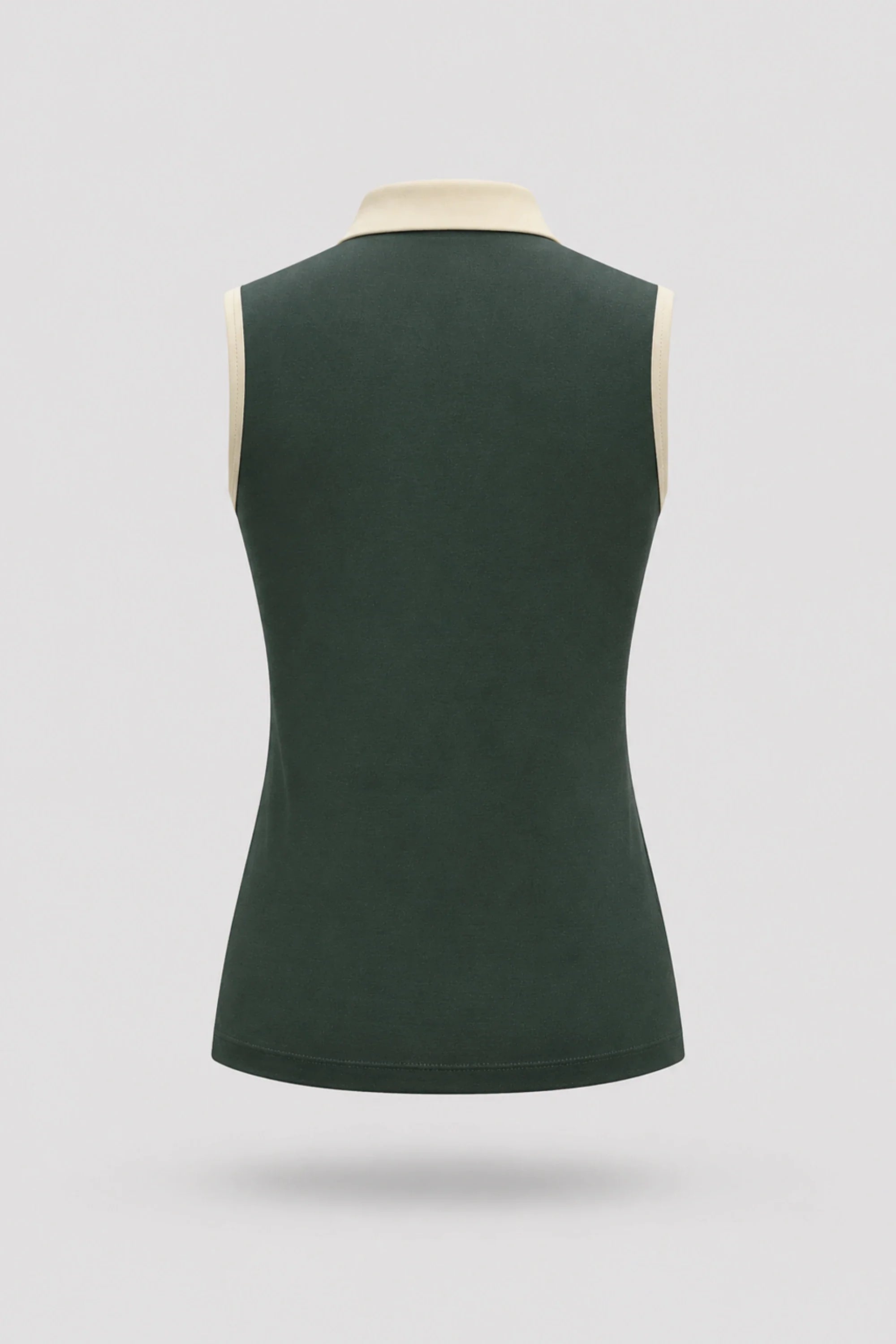 Back view of women's Evergreen sleeveless golf polo with athletic silhouette and stretch performance fabric