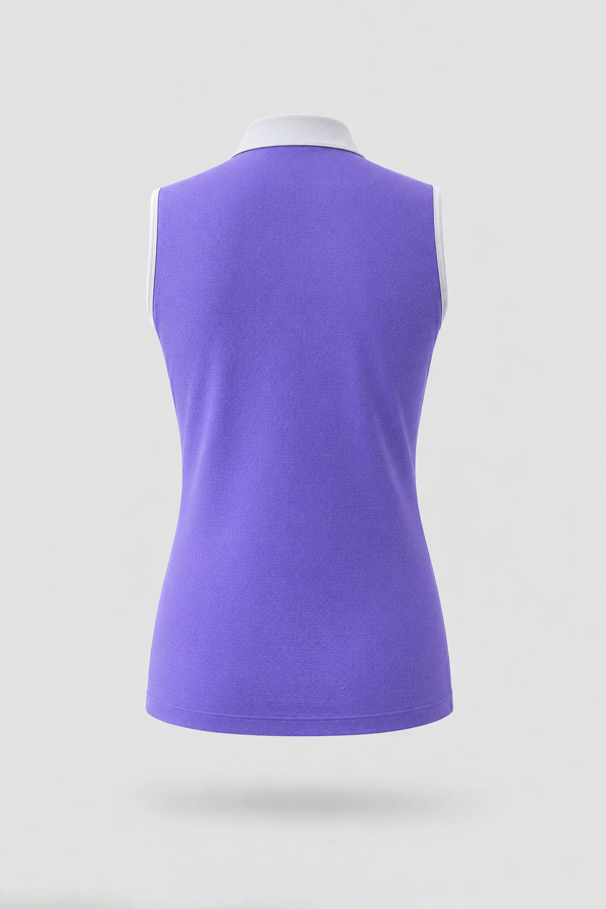 Back view of women's violet sleeveless golf polo with athletic fit and breathable stretch fabric