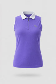 Women's violet sleeveless golf polo with zip neck design and lightweight stretch performance fabric