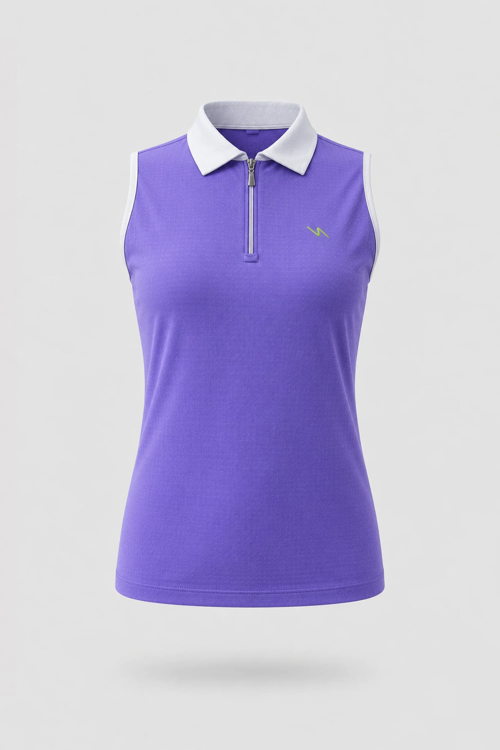 Women's violet sleeveless golf polo with zip neck design and lightweight stretch performance fabric