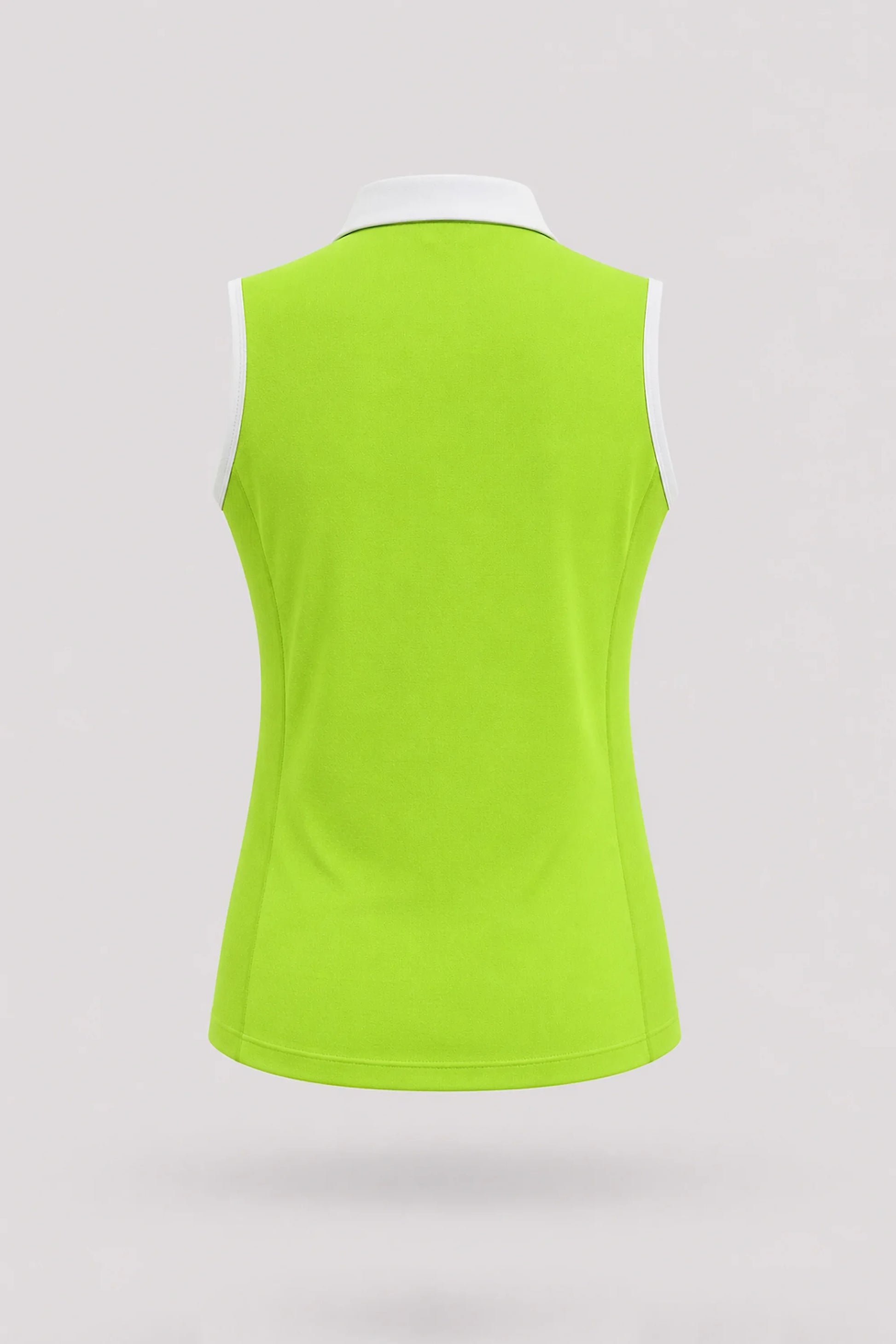 Back view of women's Volt Green sleeveless golf polo with athletic silhouette and stretch performance fabric