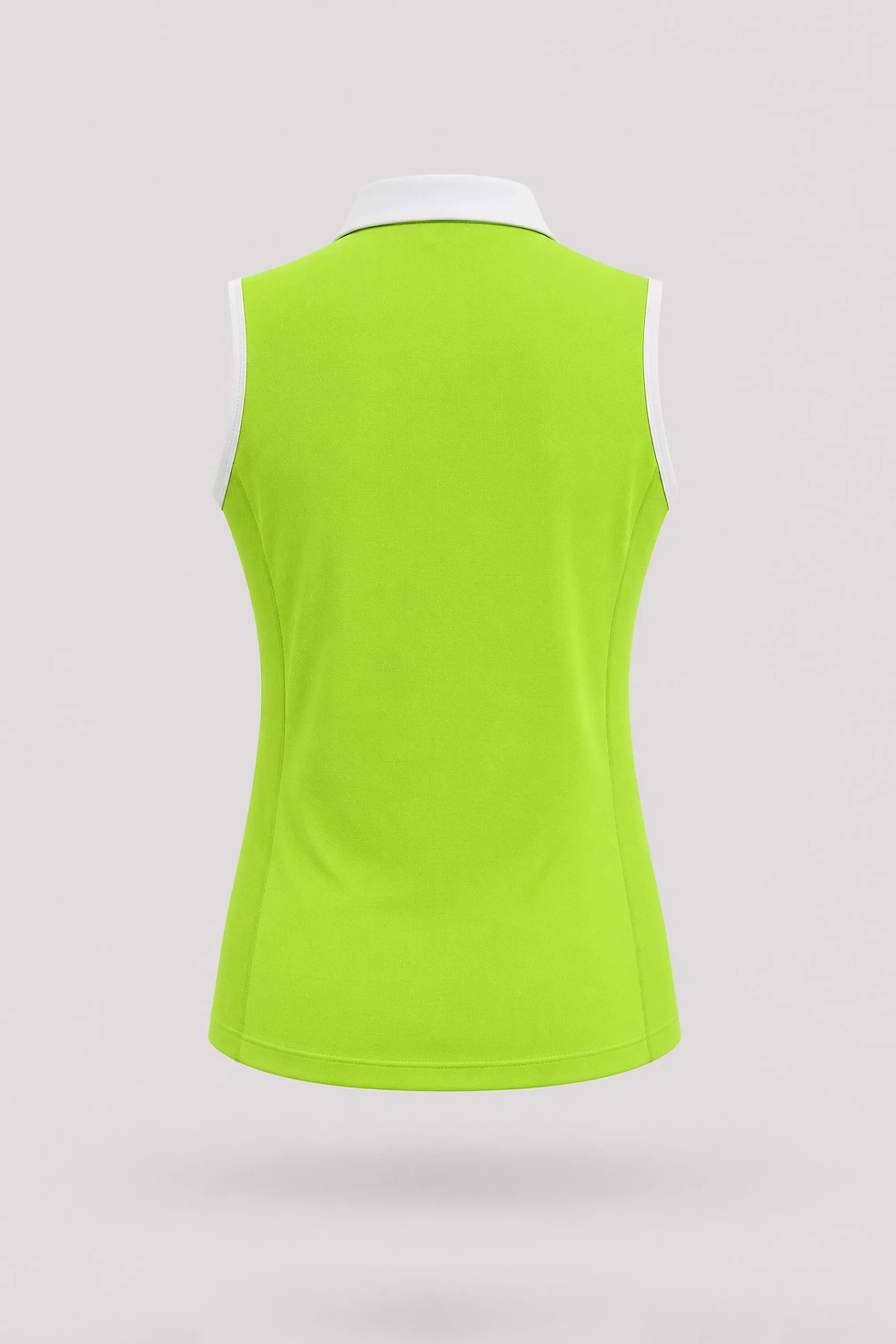 Back view of women's Volt Green sleeveless golf polo with athletic silhouette and stretch performance fabric