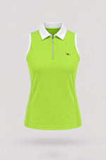 Women's Volt Green sleeveless golf polo with zip-neck collar and lightweight stretch performance fabric