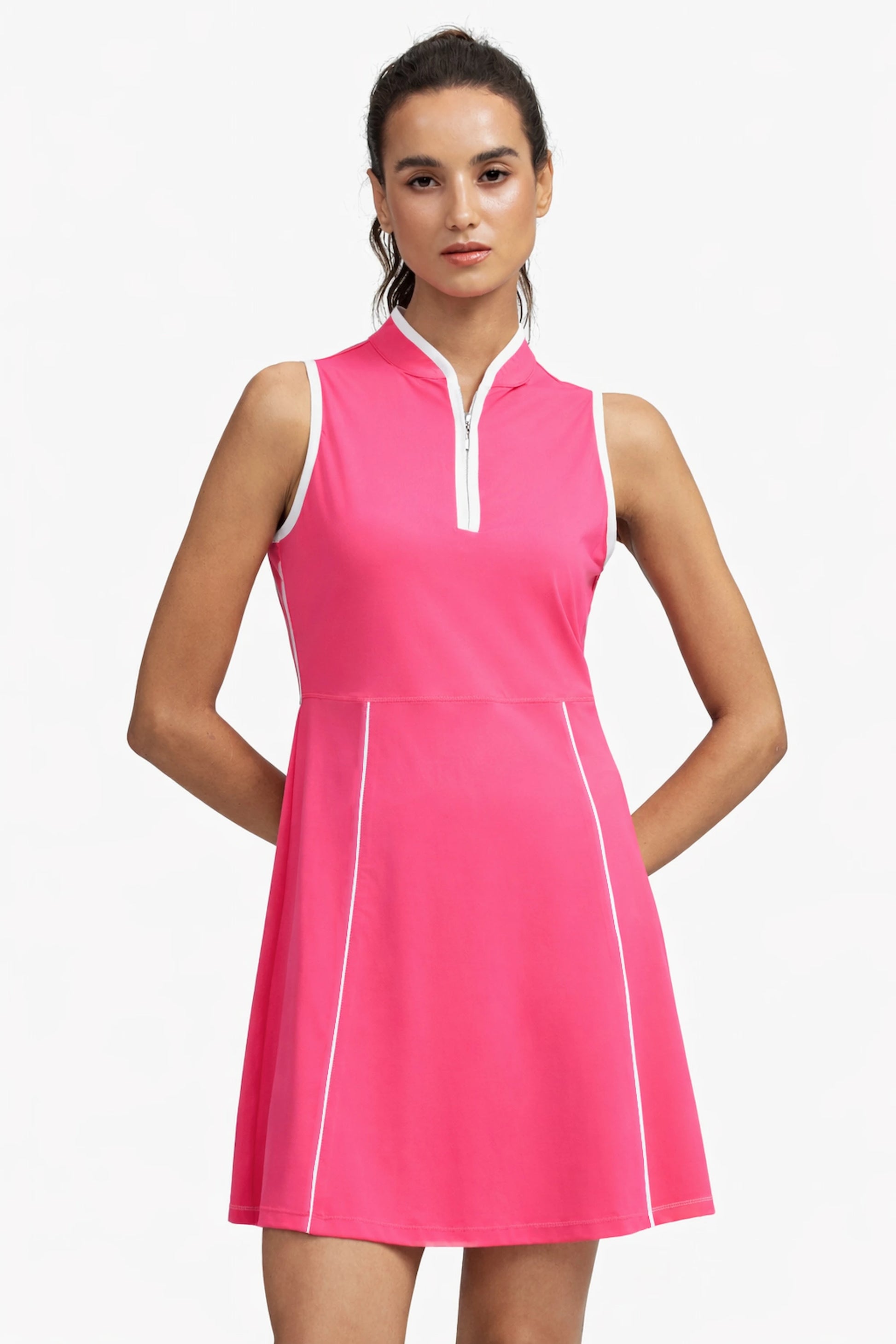 Front view of women’s Hot Pink sleeveless golf dress with half-zip collar