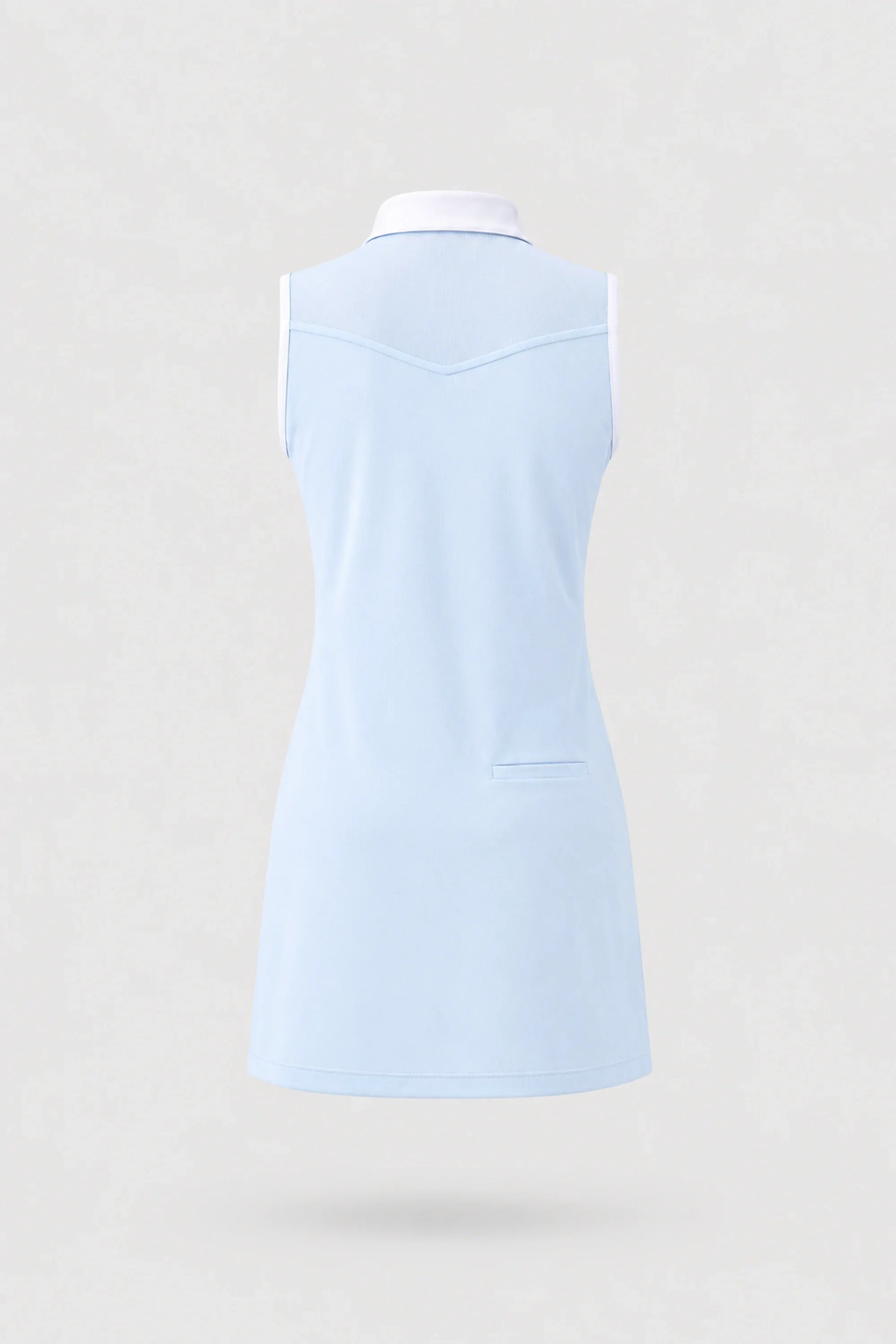 Back view of women's light blue sleeveless golf dress with lightweight stretch fabric and clean tailored fit