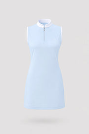 Women's light blue sleeveless golf dress with zip neck collar and streamlined athletic silhouette
