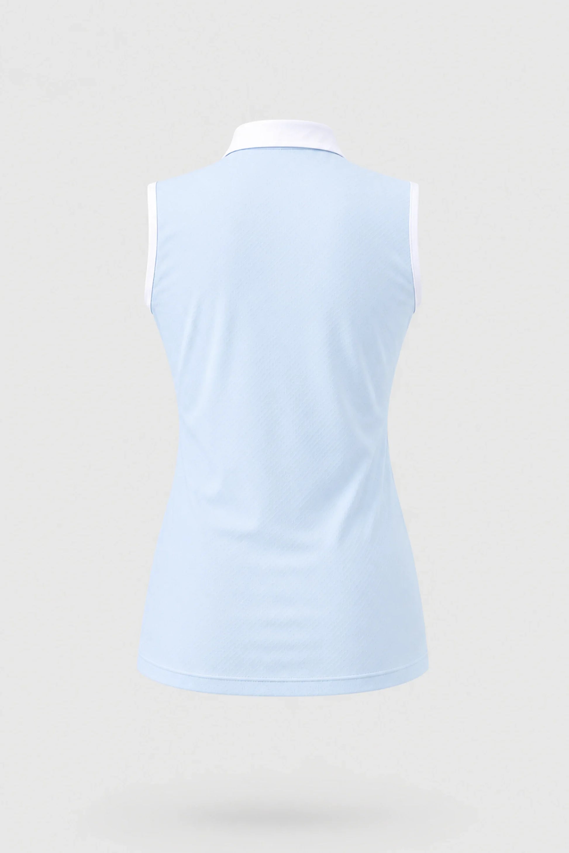 Back view of women's light blue sleeveless golf polo with clean athletic silhouette