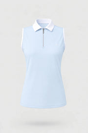 Women's light blue sleeveless golf polo with zip neck collar and lightweight stretch fabric