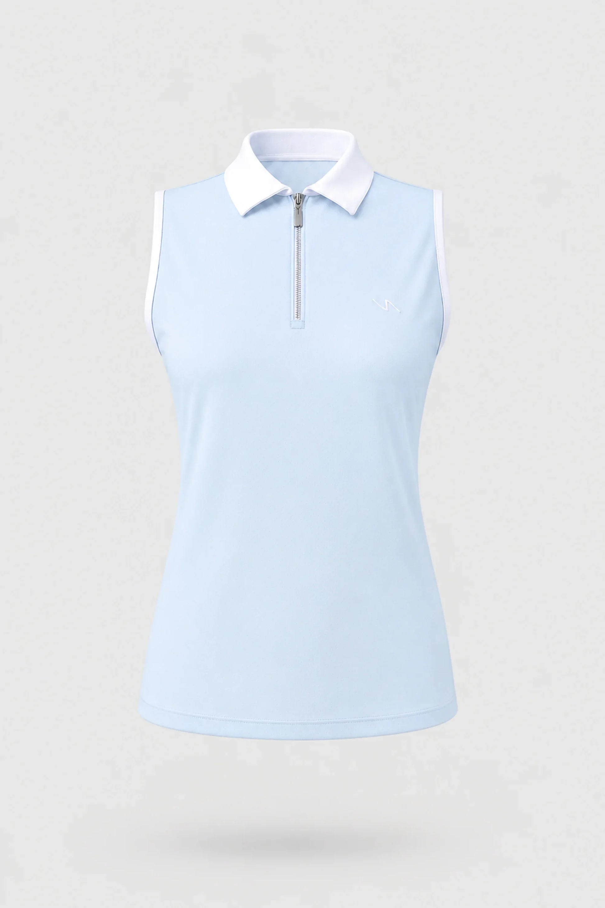 Women's light blue sleeveless golf polo with zip neck collar and lightweight stretch fabric