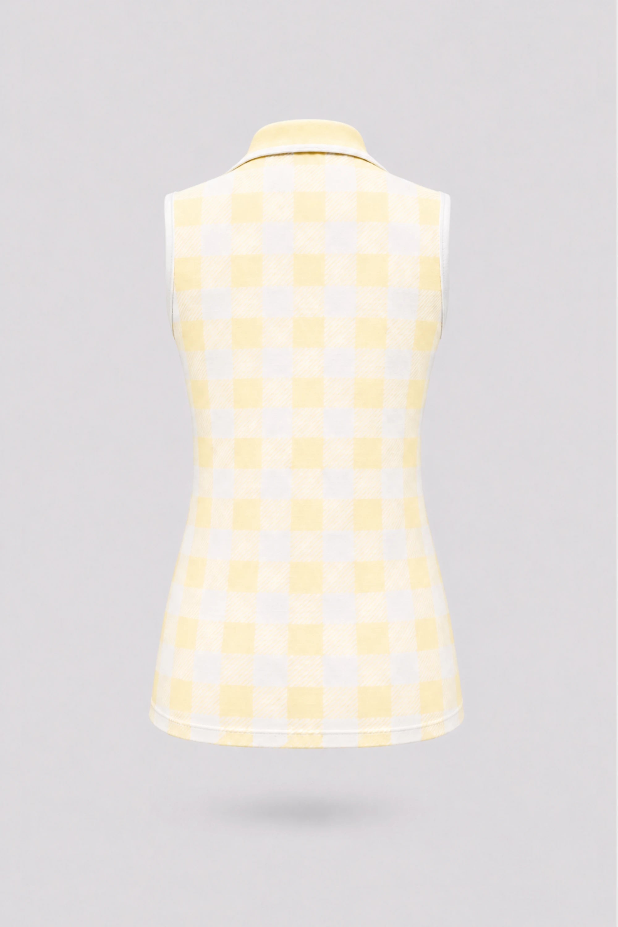 Back view of women’s sleeveless yellow gingham golf polo with a tailored fit and lightweight performance fabric