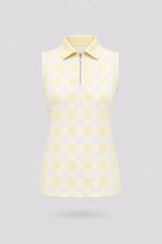 Women’s sleeveless zip neck golf polo in yellow gingham with breathable stretch fabric and UV protection front view
