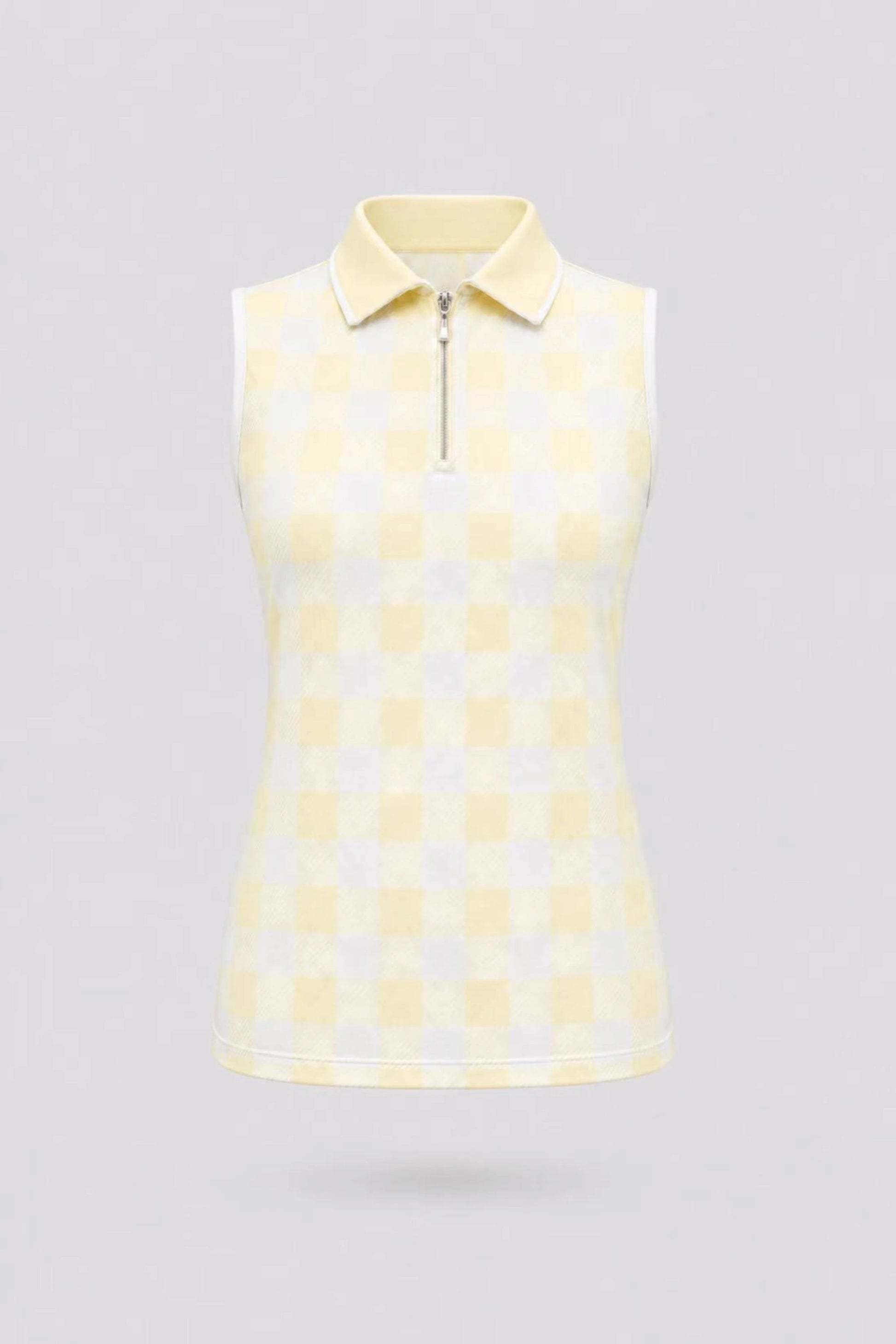 Women’s sleeveless zip neck golf polo in yellow gingham with breathable stretch fabric and UV protection front view