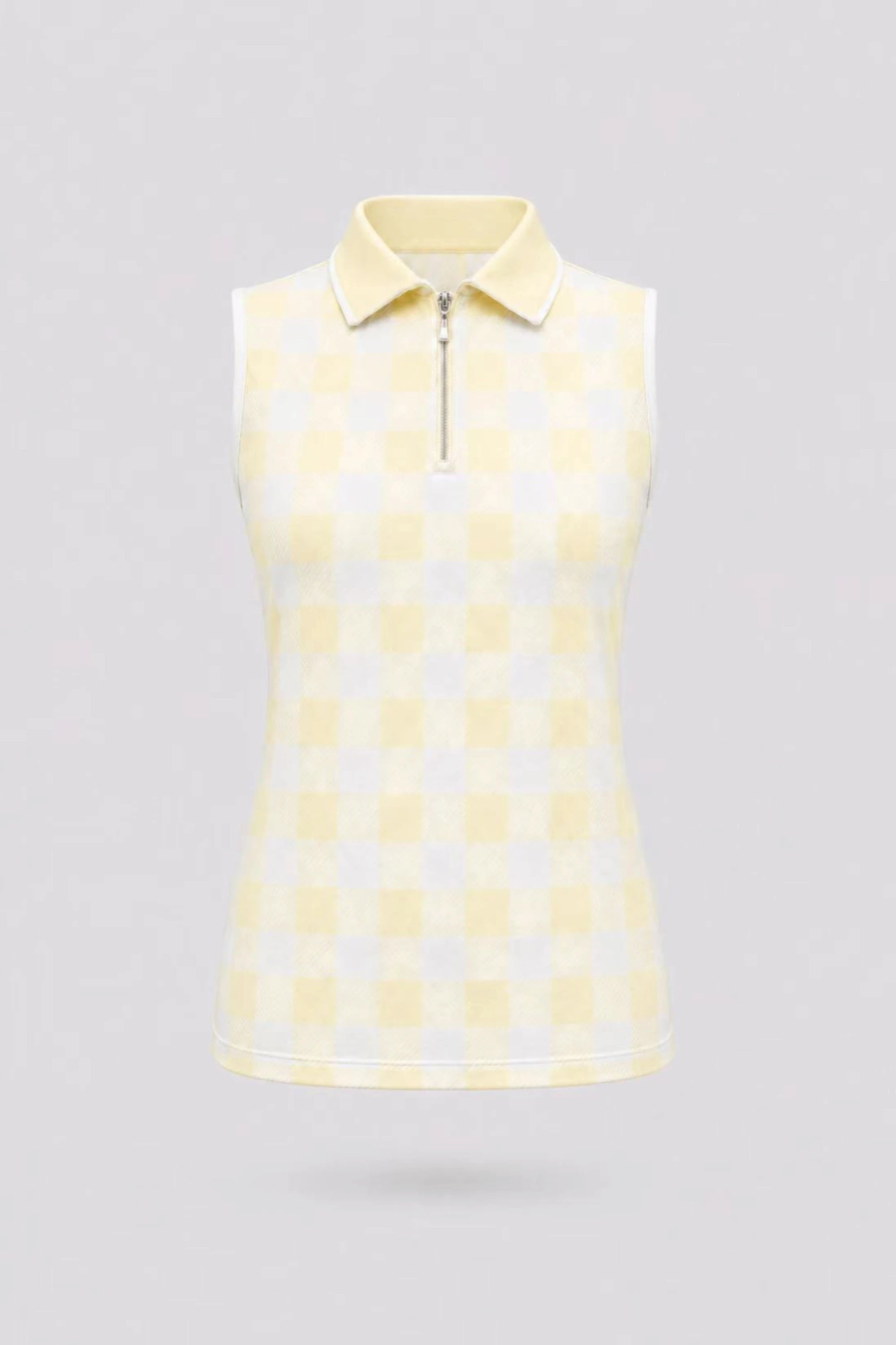Women’s sleeveless zip neck golf polo in yellow gingham with breathable stretch fabric and UV protection front view