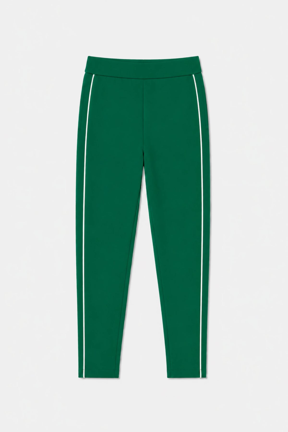 Front flat lay of Veza Golf women’s Deep Teal slim fit golf pants featuring contrast white side piping and a streamlined tapered silhouette