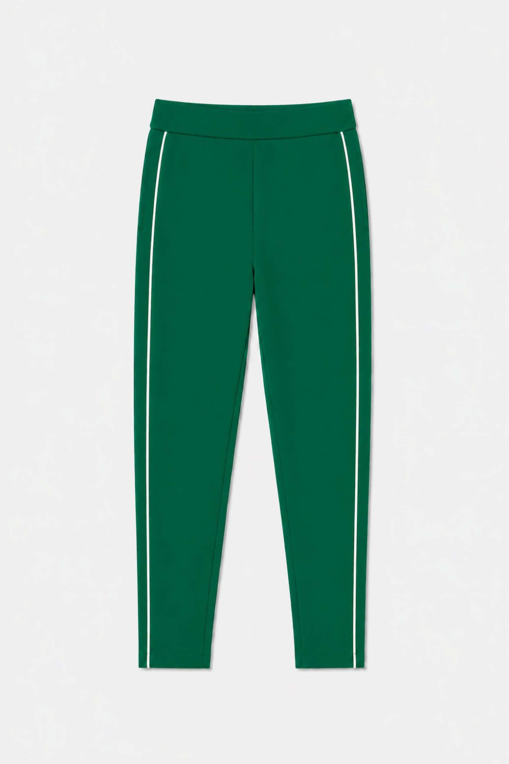 Front flat lay of VEZA women’s Deep Teal slim fit golf pants featuring contrast white side piping and a streamlined tapered silhouette