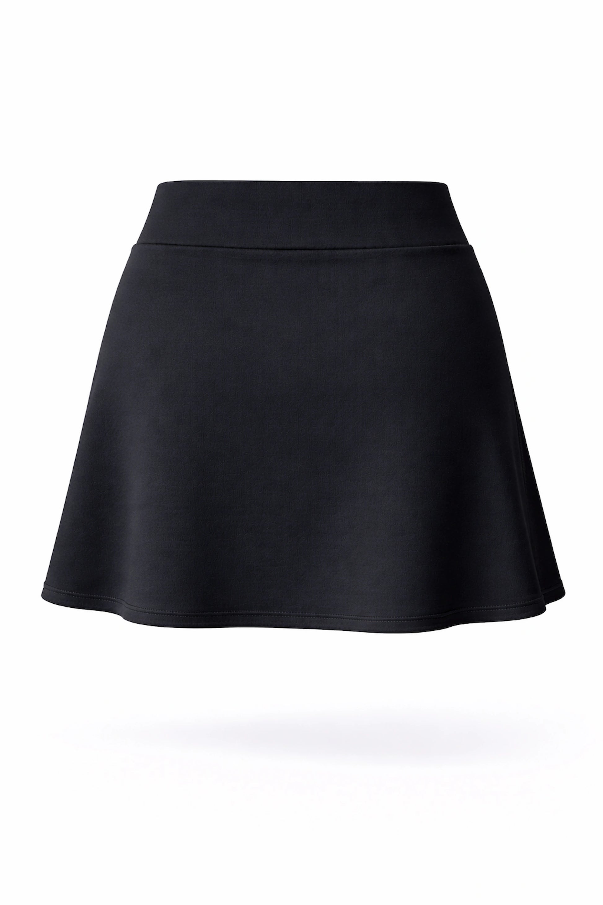 Back 3D view of women’s black smooth A-line golf skort 17 inch showing clean silhouette and high-rise waistband