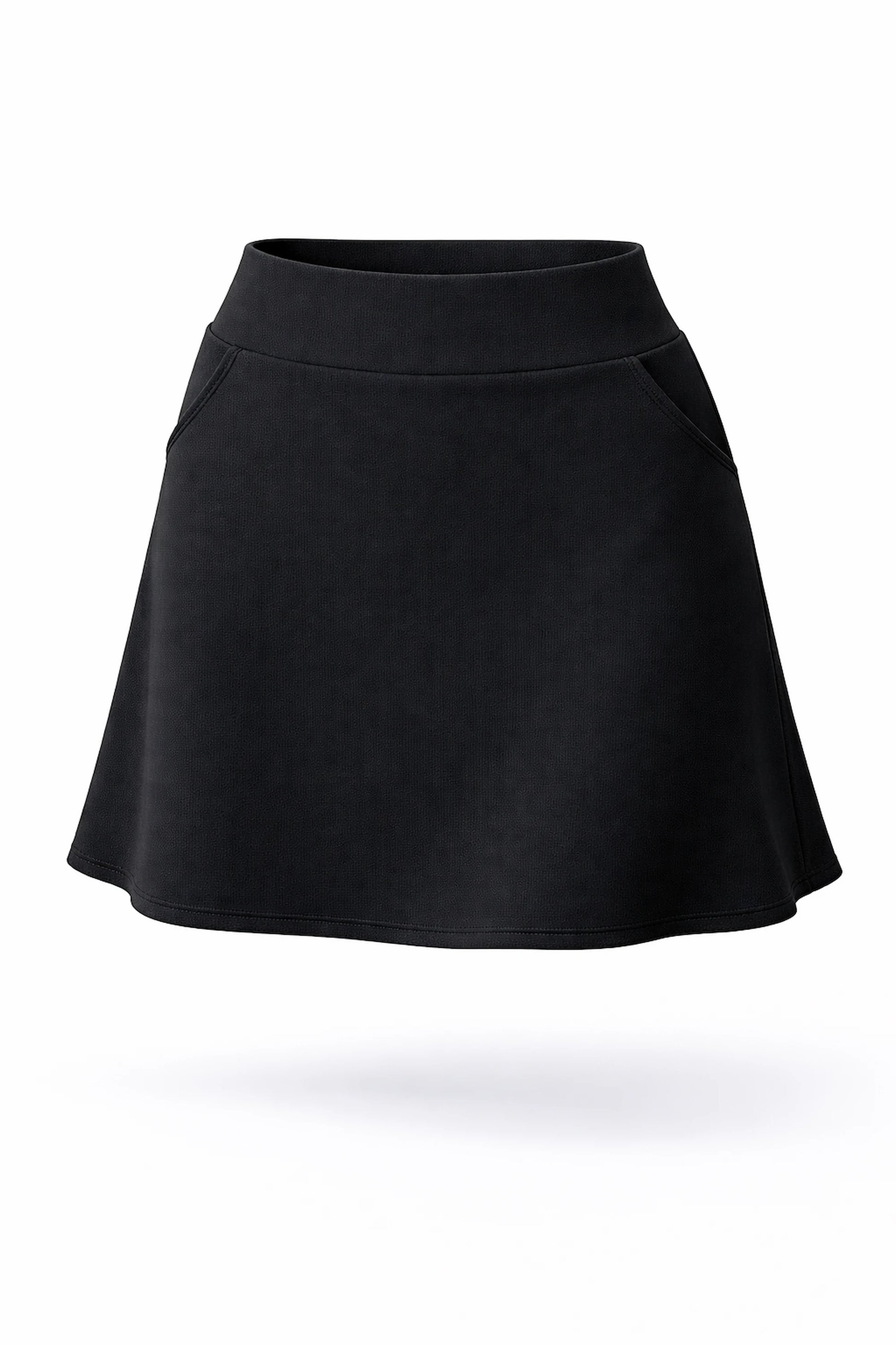 Front 3D view of women’s black smooth A-line golf skort 17 inch with high-rise waistband and side pockets