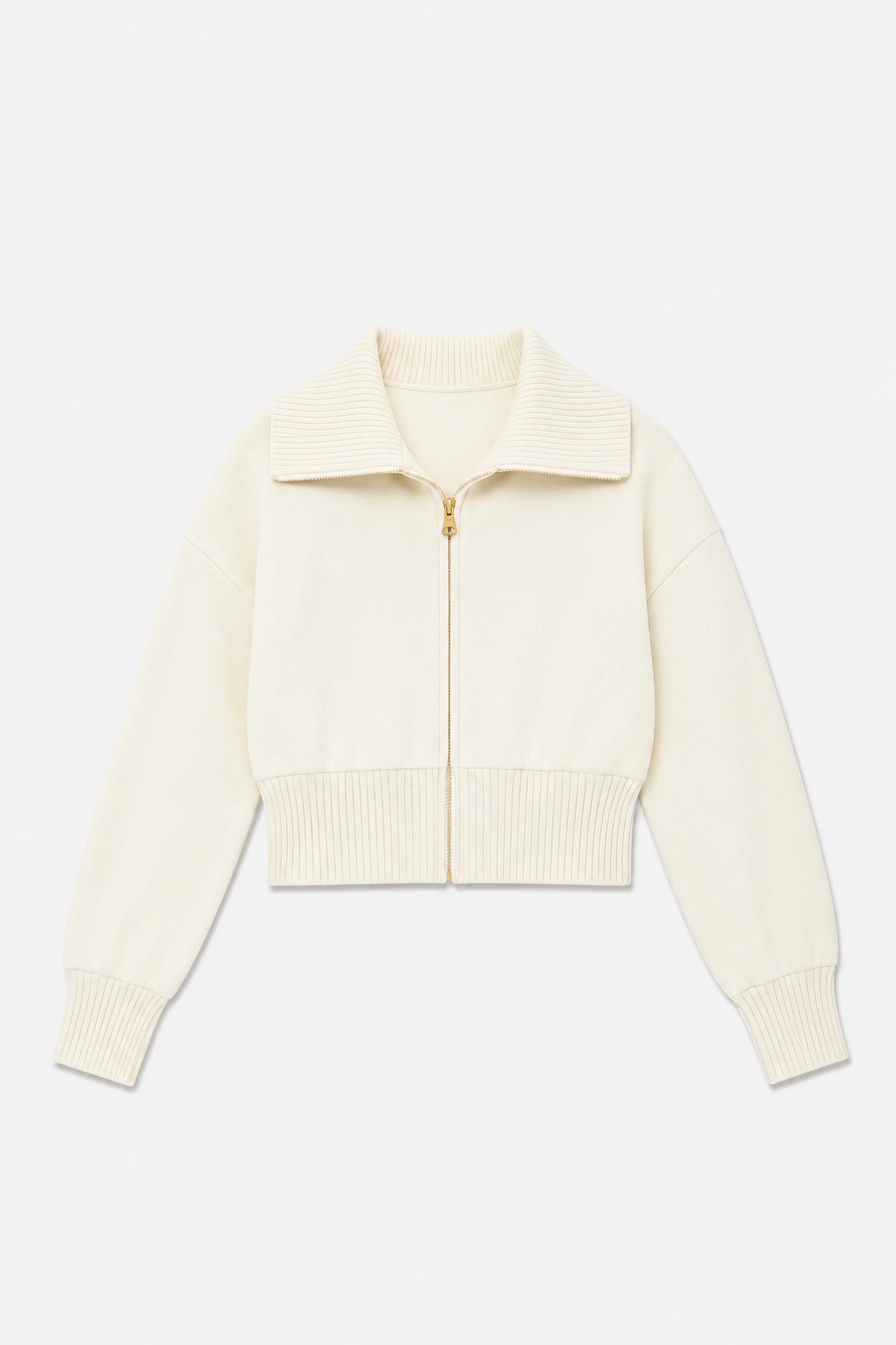 Front flat lay of women’s soft sand cropped knit zip jacket with ribbed collar