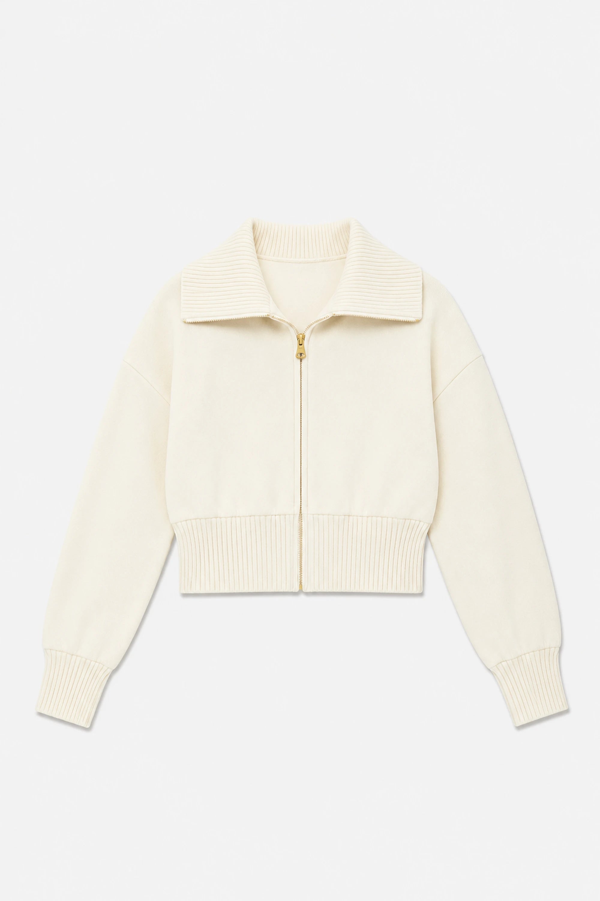 Front flat lay of women’s soft sand cropped knit zip jacket with ribbed collar