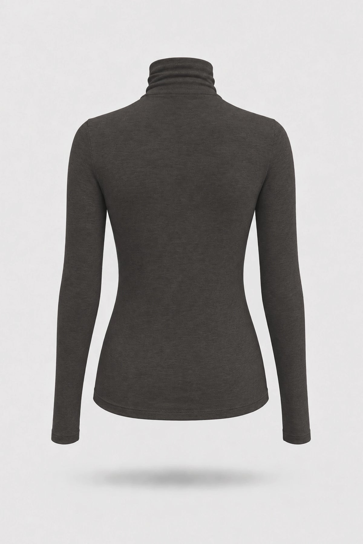 Women's brown turtleneck top back view with soft stretch fabric and long sleeves