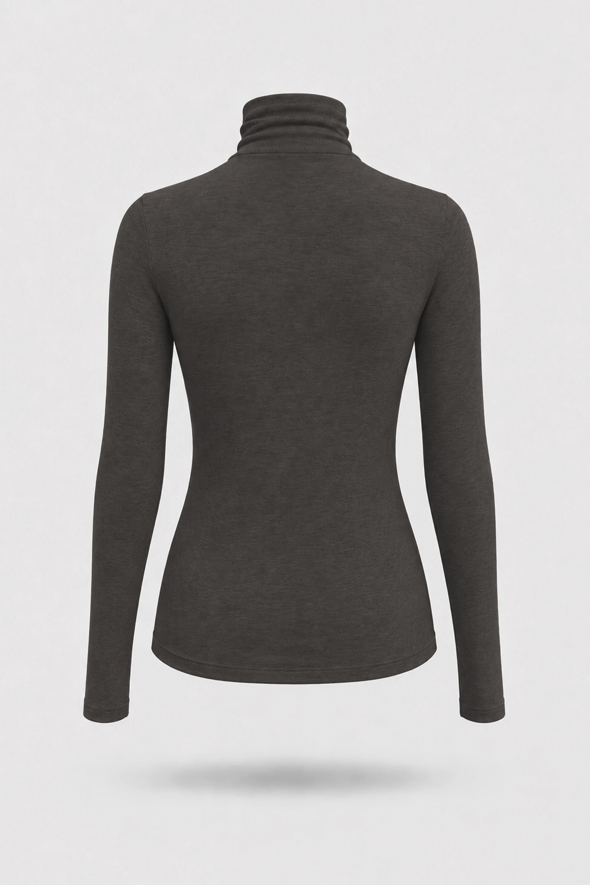 Women's brown turtleneck top back view with soft stretch fabric and long sleeves
