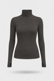 Women's brown stretch turtleneck long sleeve top with fitted silhouette