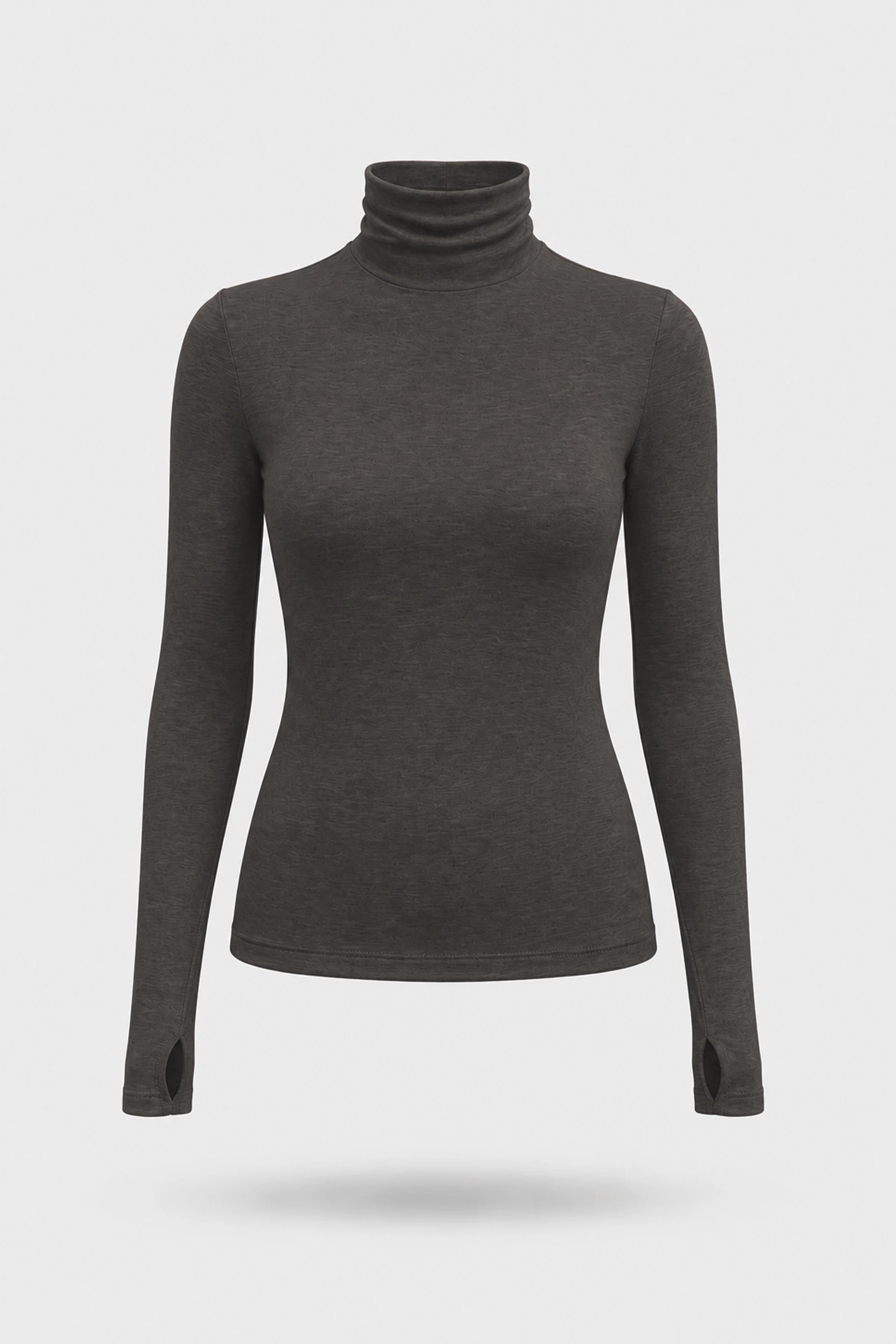 Women's brown stretch turtleneck long sleeve top with fitted silhouette